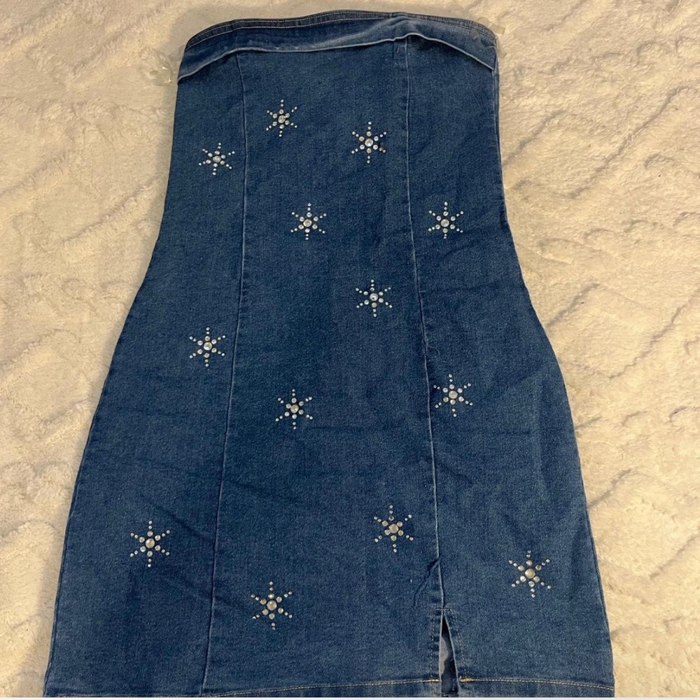 Embellished Denim Strapless Dress